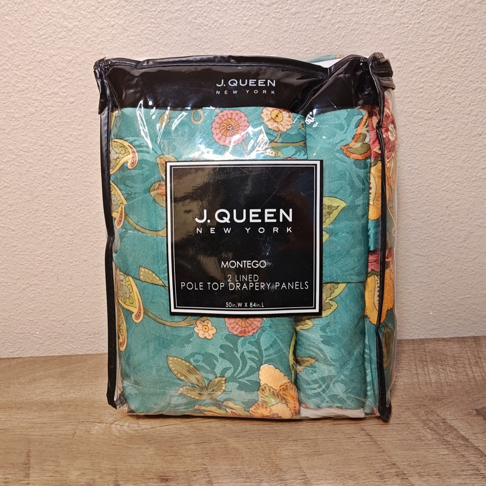 J. Queen New York Drapery Panels Montego 50x84 Teal Floral Jacquard Lined Set 2